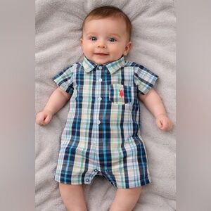 U.S. Polo Assn. Blue, Teal, Green Plaid Baby Romper Sz 3-6m